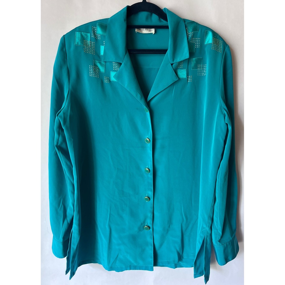 Philippe Marques Petite Teal Embellished Button Up Blouse Size‎ 10